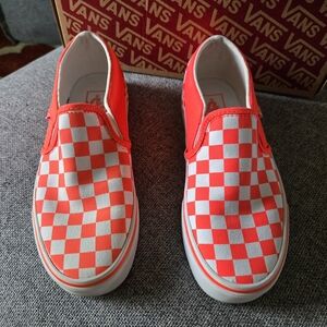 NEW! Vans Bright Orange and White Checkered Slip-On Sneakers